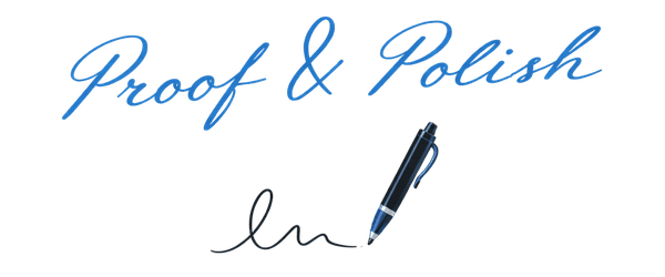 Proof and Polish Logo. Includes a pen that signs at the bottom and proof & polish words at the top.